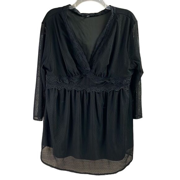 SUZANNE BETRO Womens Plus Size 2X Black Witchy Lace Sheer Sleeves Blouse Top - Picture 1 of 8